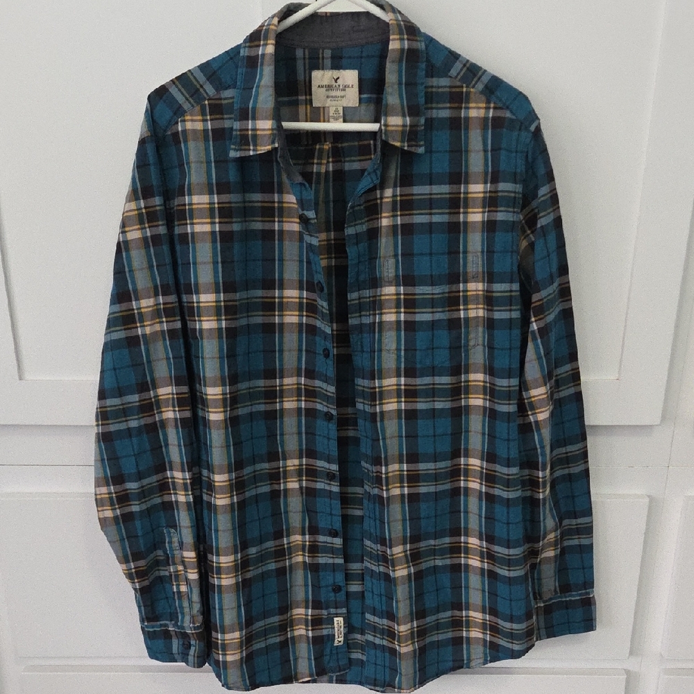 American Eagle Outfitters Men's Teal, Yellow and White Plaid Shirt